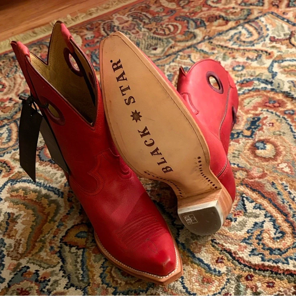 BLACK STAR NWT Red Leather Western Boots w stacked heel, handcrafted in Mexico - Picture 5 of 8